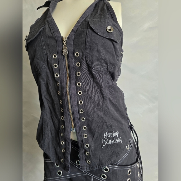 Vtg Harley-Davidson Womens M Corset Halter Lace Up Zip Embroidered Top Y2K - Picture 4 of 15